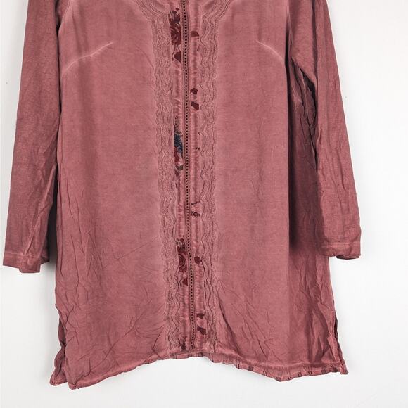 Ali Miles Rose Pink Embroidered Floral Washed Out‎ Tunic Top Size Small - Picture 3 of 10
